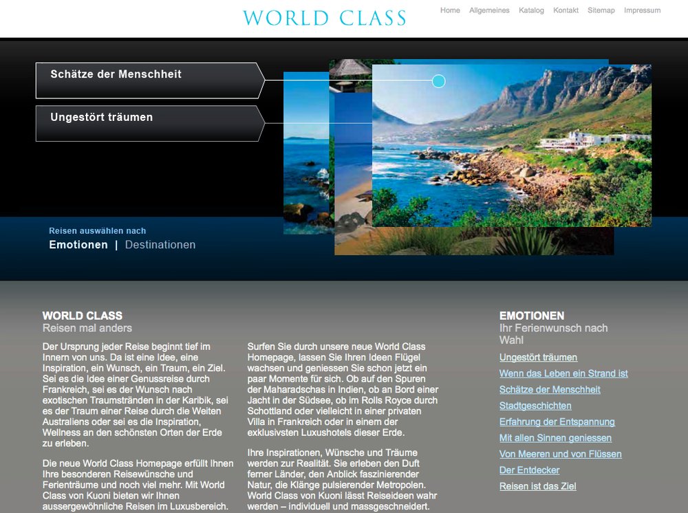 World Class Reisen – Inspiration im Premium Segment. Website mittels Content Management System umgesetzt. Flash-Technologie für Category Slider und Karten Animationen. - 1