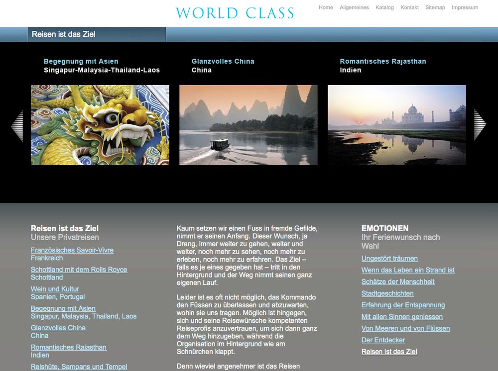 World Class Reisen – Inspiration im Premium Segment. Website mittels Content Management System umgesetzt. Flash-Technologie für Category Slider und Karten Animationen. - 2