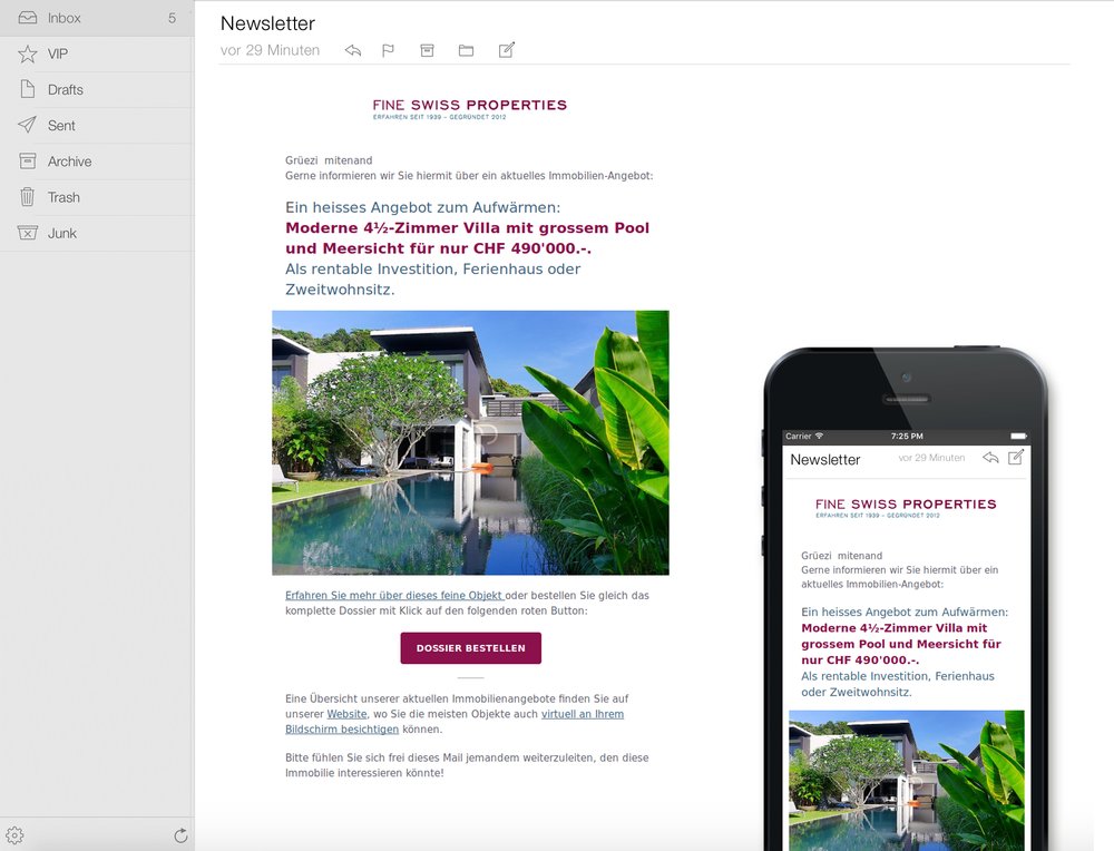 Responsive Newsletter Design für Immobilien-Highlights und Infothemen. Komfortabler Versand und umfangreiche Analysen durch SampleZone Newsletter Tool. 