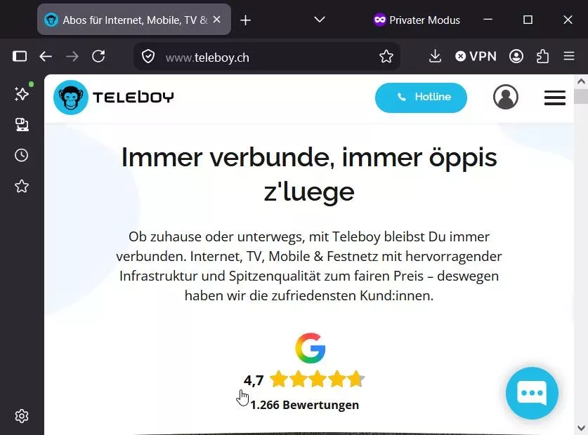 Teleboy website in a browser to check the internet connection