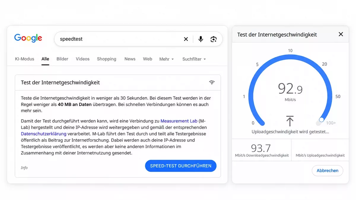 Speedtest-Ergebnisse zur Download- und Upload-Geschwindigkeit