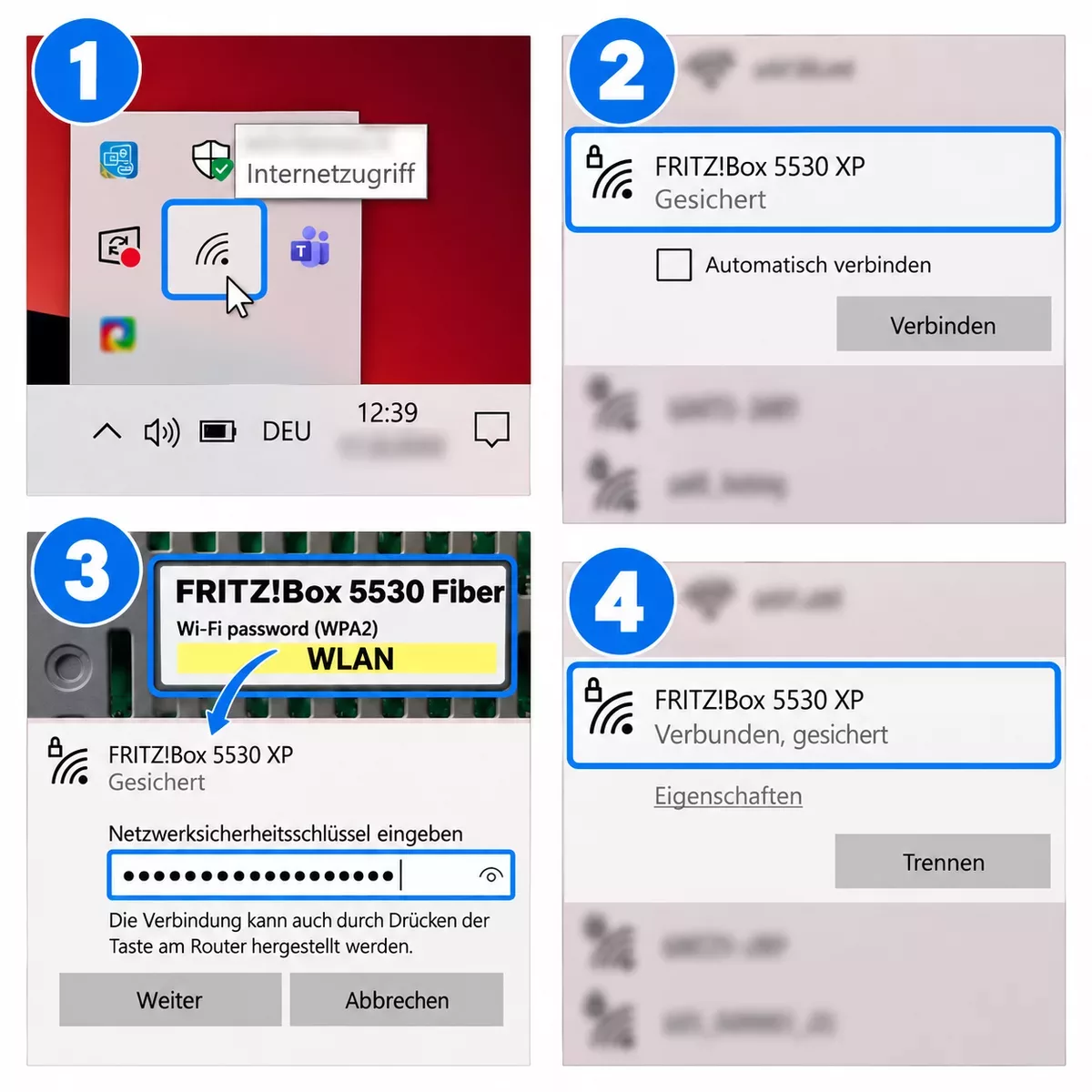Connecting to Wi-Fi in Windows: select the network, enter the password and confirm the connection