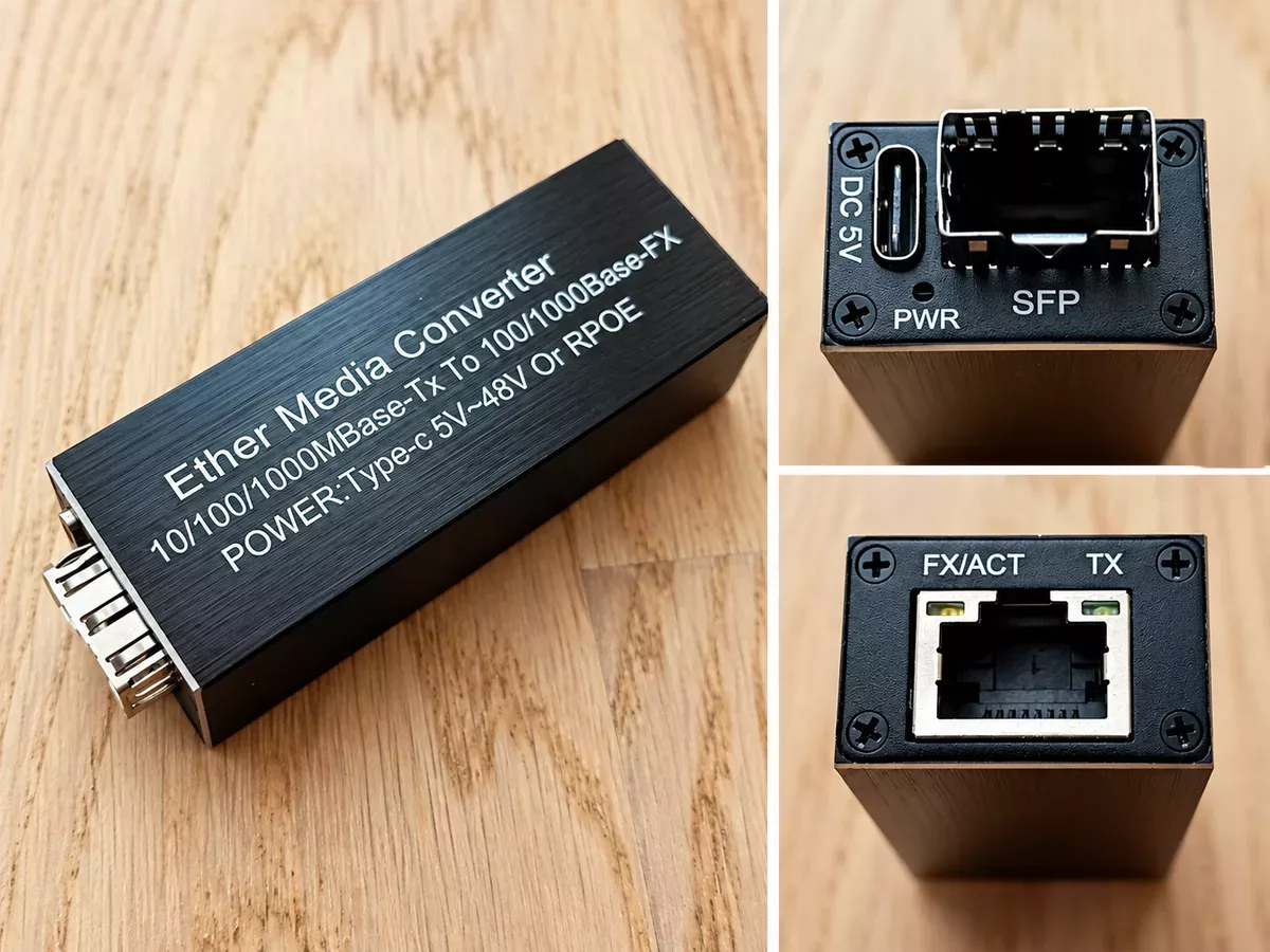 Gigabit-Medienkonverter mit Ethernet-Anschluss, SFP-Steckplatz und USB-C-Stromversorgung