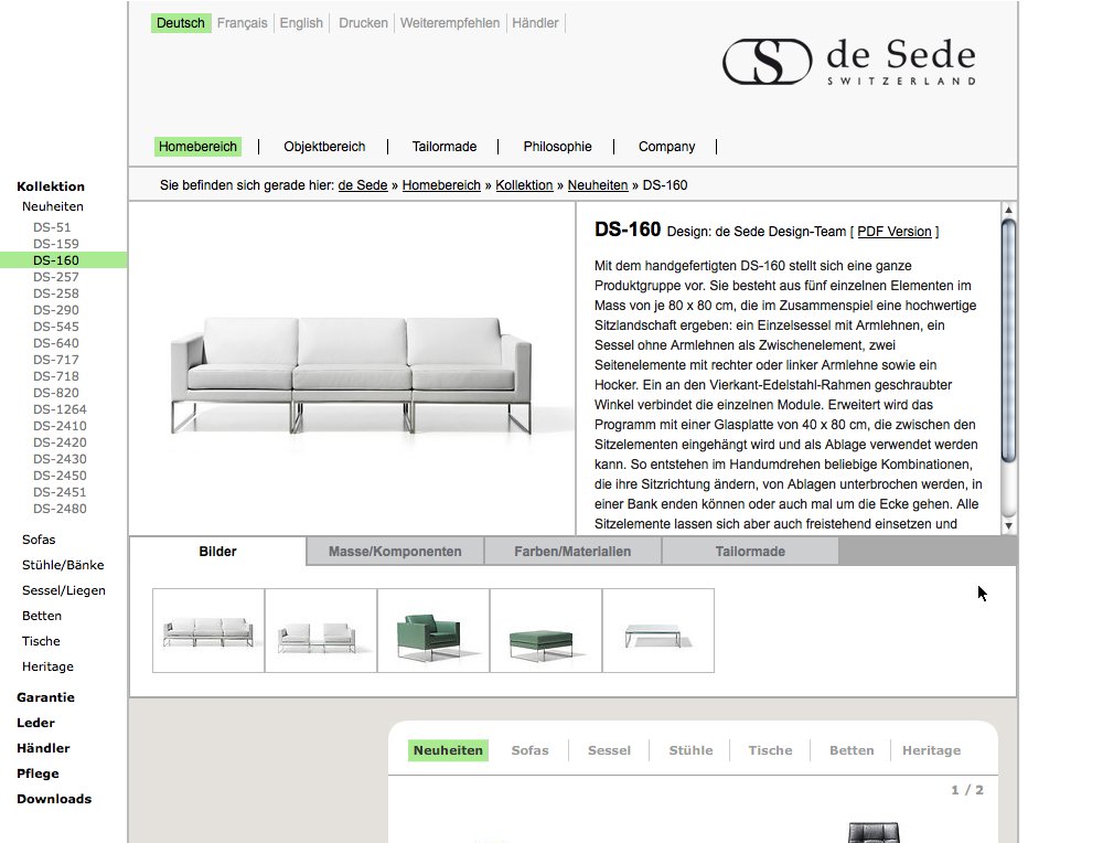 Viersprachiger Webauftritt für die Designmöbel Manufaktur de Sede. Technologisch aufwändig umgesetzt, mit diversen Intreraktionsmöglichkeiten. Konzipiert als detaillierte Kataloglösung für Käufer und  Informationsmedium für die weltweiten Agenten. - 2