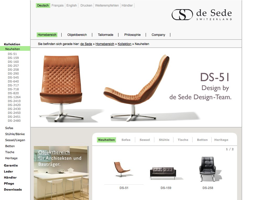 Viersprachiger Webauftritt für die Designmöbel Manufaktur de Sede. Technologisch aufwändig umgesetzt, mit diversen Intreraktionsmöglichkeiten. Konzipiert als detaillierte Kataloglösung für Käufer und  Informationsmedium für die weltweiten Agenten. - 3