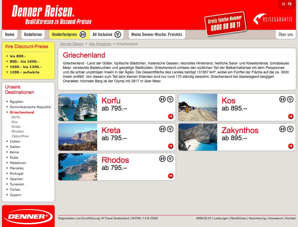 Denner-Reisen entwickelt Ihre Reisepakete in Ihrem Inhouse System. Diese werden voll automatisiert in das CMS übernommen und gemäss Vorgaben des Designers als Webseiten dargestellt. Das Webteam schaltet nur noch Werbe Teasers. - 1