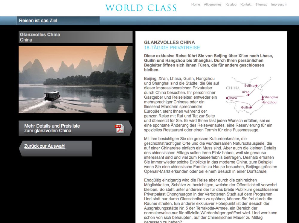 World Class Reisen – Inspiration im Premium Segment. Website mittels Content Management System umgesetzt. Flash-Technologie für Category Slider und Karten Animationen. - 3