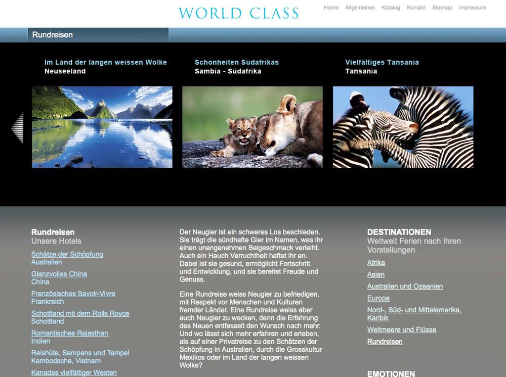 World Class Reisen – Inspiration im Premium Segment. Website mittels Content Management System umgesetzt. Flash-Technologie für Category Slider und Karten Animationen. - 4