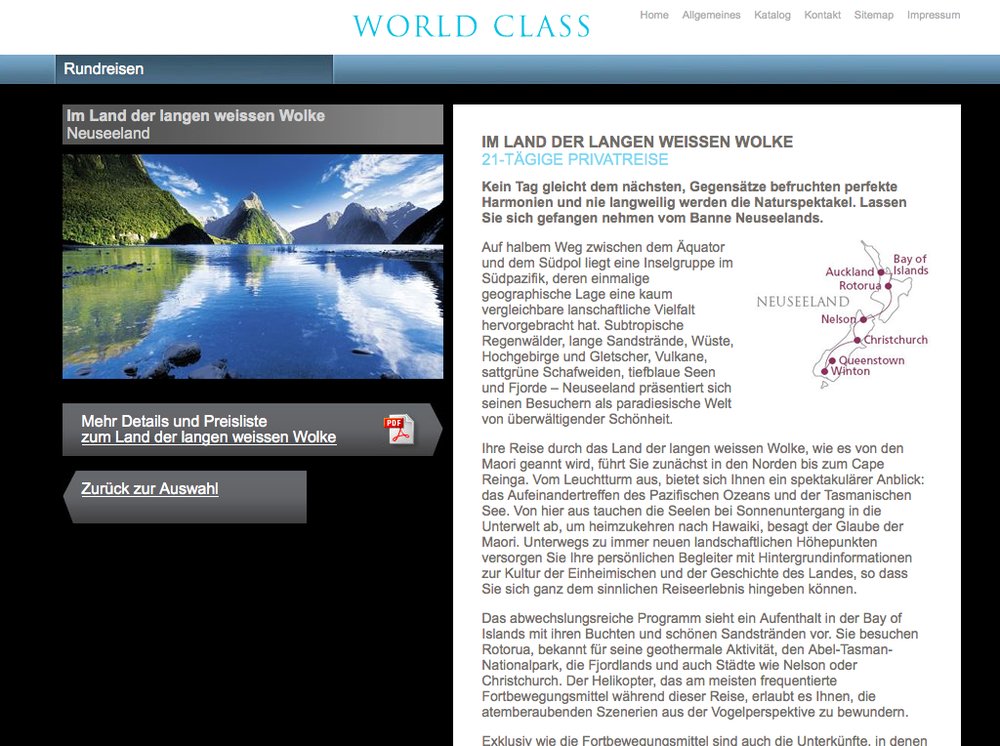 World Class Reisen – Inspiration im Premium Segment. Website mittels Content Management System umgesetzt. Flash-Technologie für Category Slider und Karten Animationen. - 5