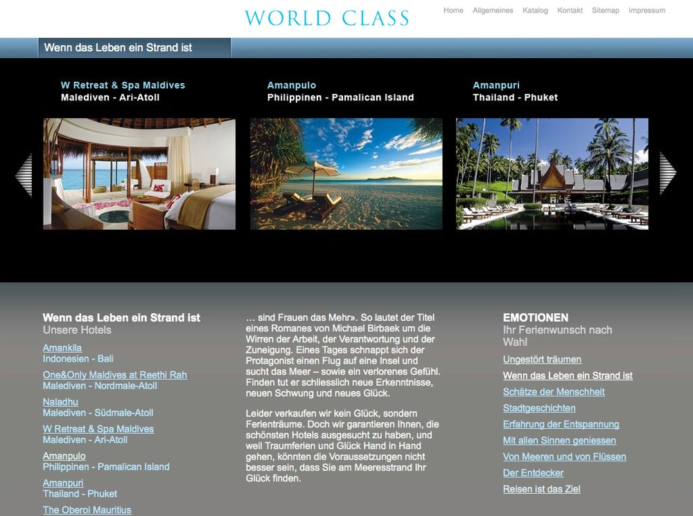 World Class Reisen – Inspiration im Premium Segment. Website mittels Content Management System umgesetzt. Flash-Technologie für Category Slider und Karten Animationen. - 6