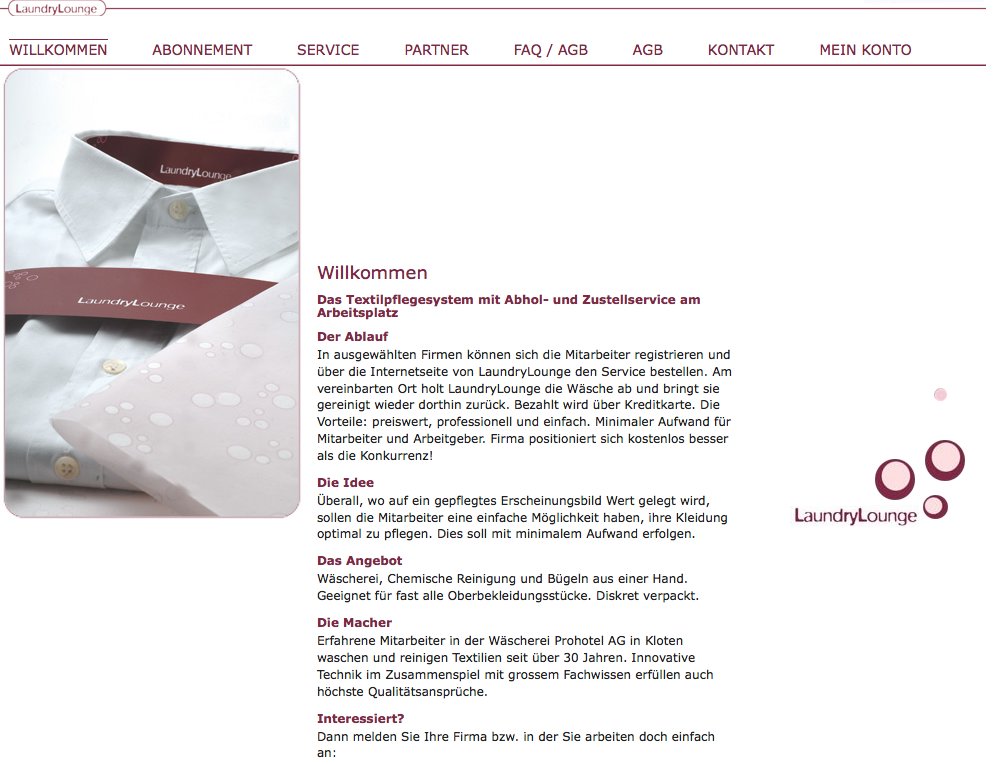 Website LaundryLounge.ch für Online-Wäsche-Service mit integriertem Shop für Einzelprodukte und Abonnement Bestellmöglichkeit.