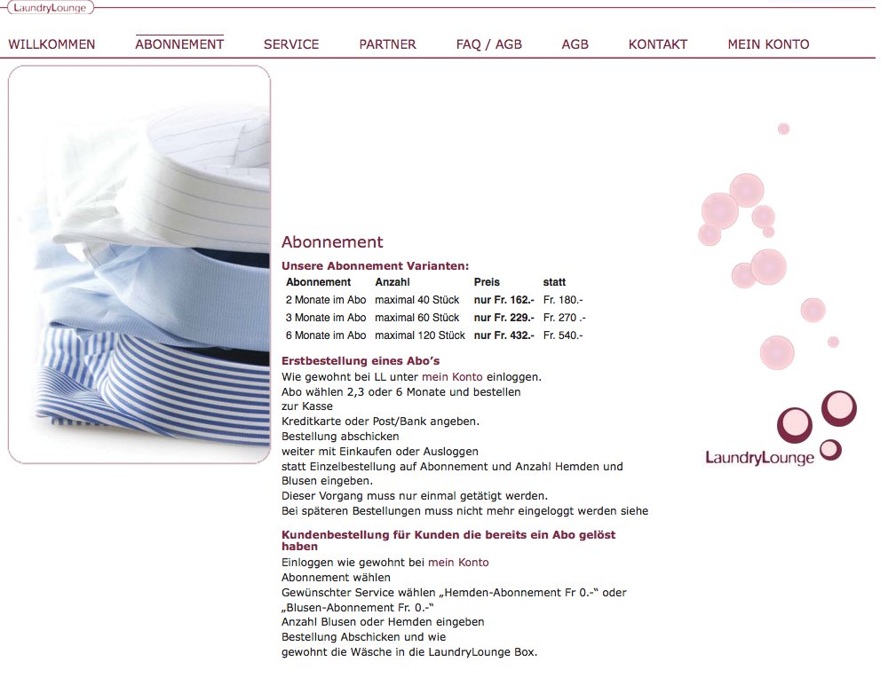 Website LaundryLounge.ch für Online-Wäsche-Service mit integriertem Shop für Einzelprodukte und Abonnement Bestellmöglichkeit. - 1