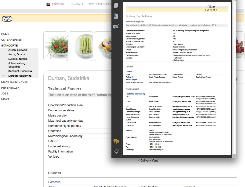 Webauftritt für weltweit tätigen Airline Caterer inkl. Standort Datenbank für Factsheet Generierung Web-to-print. - 2