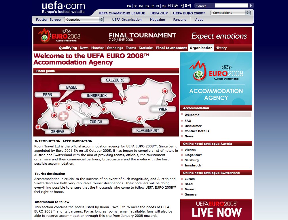 Hotelkatalog und Booking für die UEFA EURO 2008. Mit Informationen wie Distanzen zu Stadien etc.