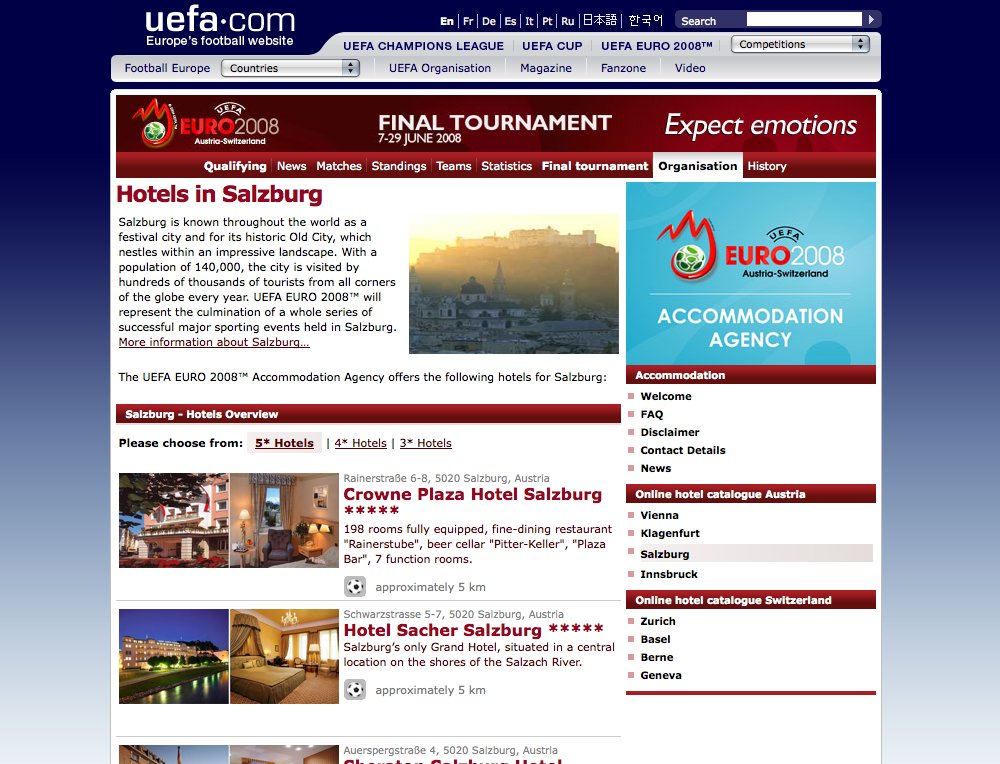 Hotelkatalog und Booking für die UEFA EURO 2008. Mit Informationen wie Distanzen zu Stadien etc. - 1