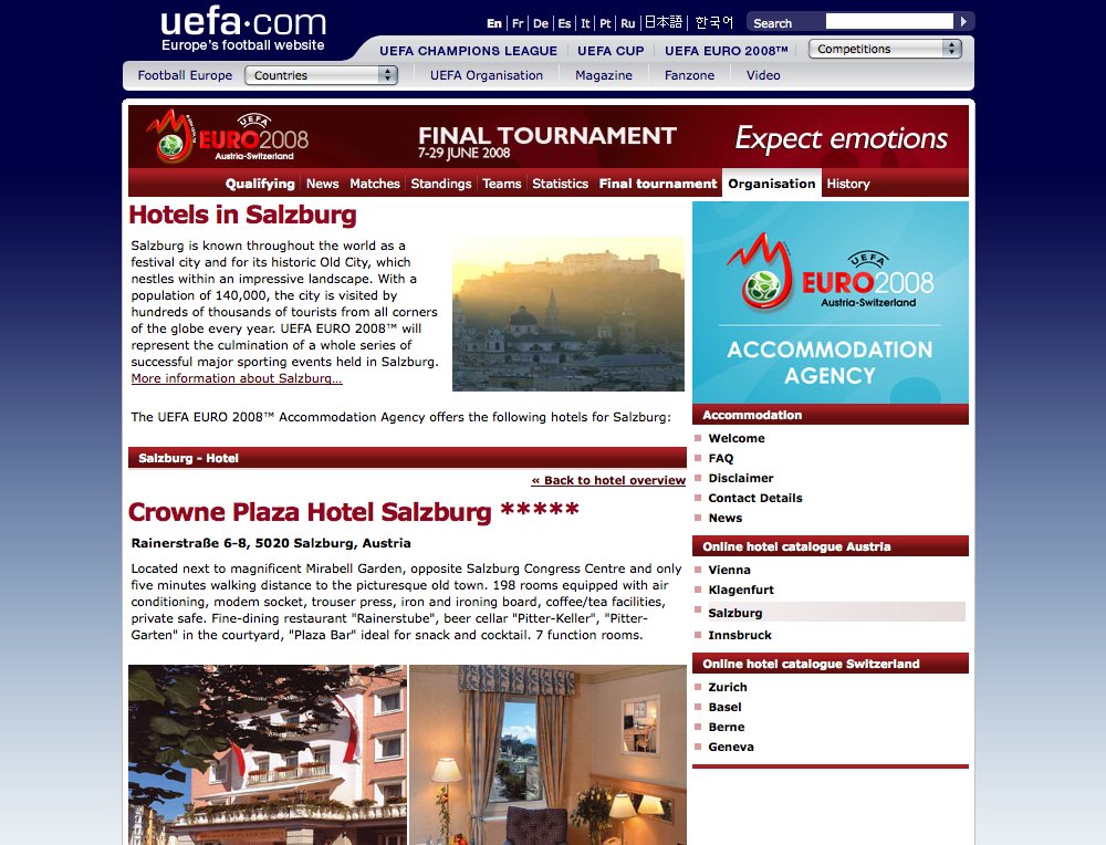 Hotelkatalog und Booking für die UEFA EURO 2008. Mit Informationen wie Distanzen zu Stadien etc. - 2