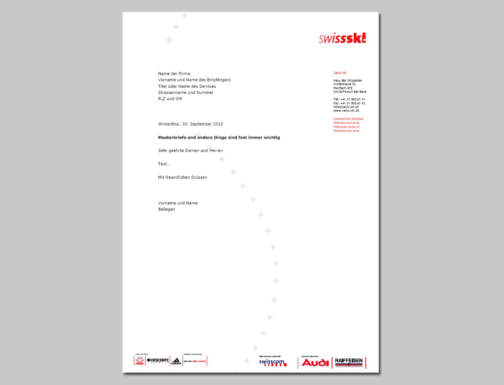 Fax-, Brief- und Newsletter-Officetemplates für Swiss-Ski.