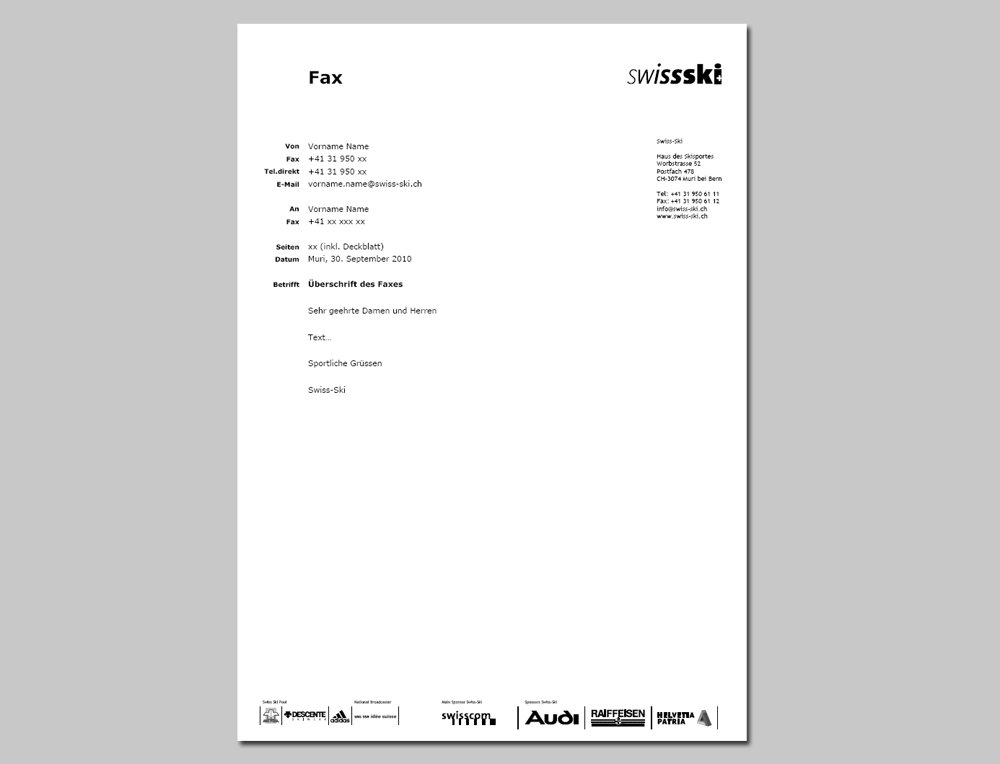 Fax-, Brief- und Newsletter-Officetemplates für Swiss-Ski. - 1