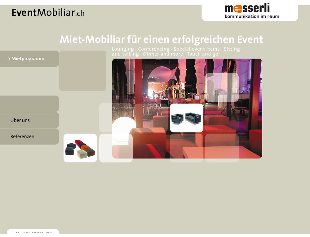 Designer Mobiliar mieten für einen erfolgreichen Event. Design, Usability und Programmierung durch SampleZone.