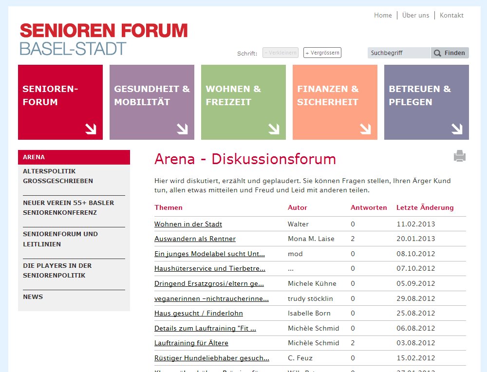 Barrierefreien Webauftritt für die Senioren von Basel Stadt. Konzipiert als Newsportal, Events- und Diskussionsplattform.
