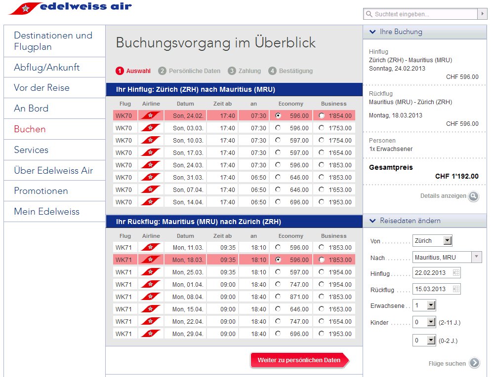 Redesign des bestehenden Webauftritts von Edelweiss Air. Erstmalige Integration einer eigenen Buchungsengine für den Ticketverkauf und die Sitzplatzreservation. Diverse Anbindungen  an Drittsysteme und Datenbanken. - 4