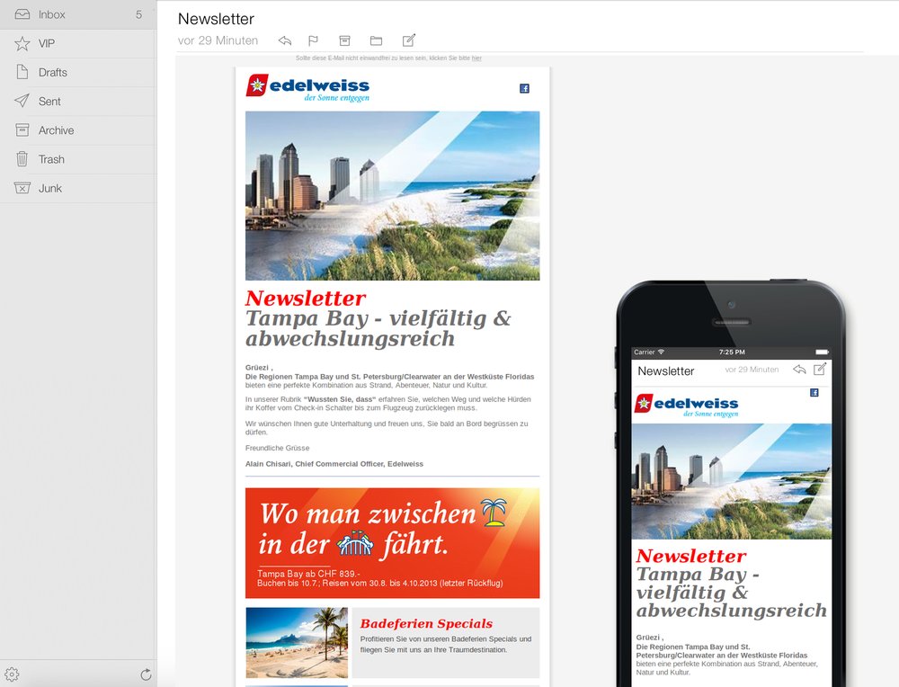 Responsive Newsletter Template und Voll-Integration in unser RIO CMS. Dadurch kann Inhalt auf der Edelweiss Air Website erstellt werden und automatisch als Newsletter generiert werden.