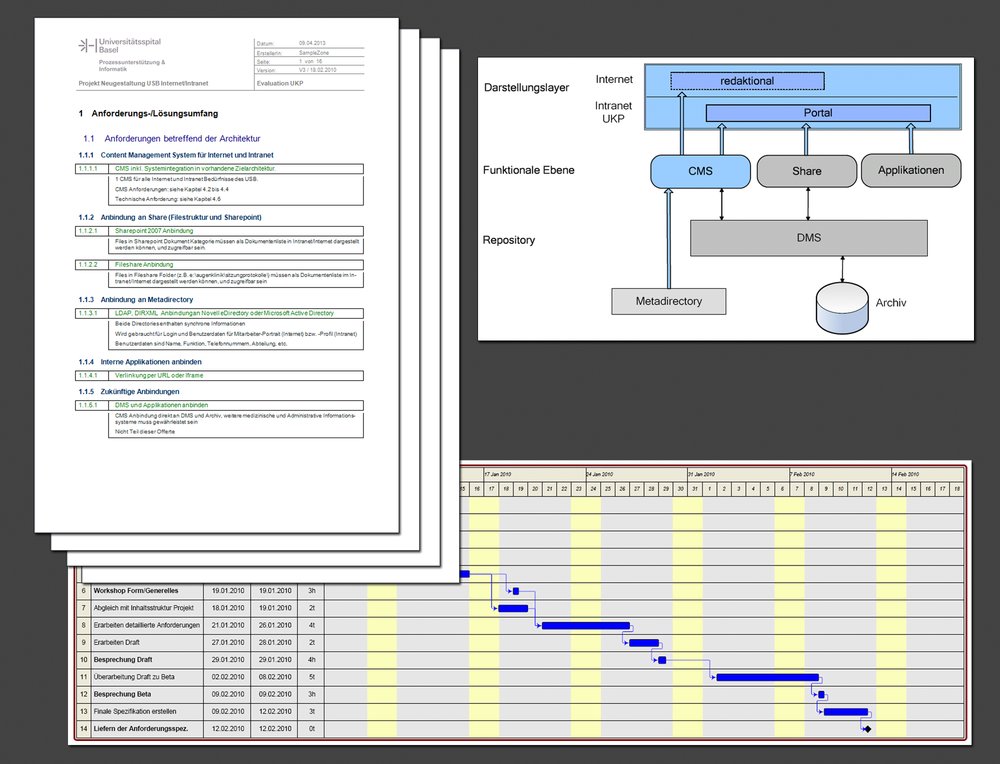 Requirement Engineering für Universitätsspital Basel zur Ausschreibung eines Multisite Content Management Systems zur Ablösung von 70 einzelnen Websites.