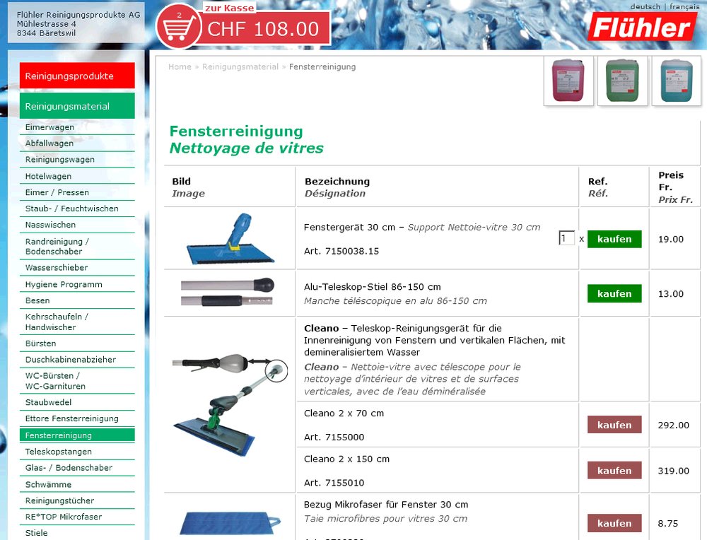 Erweiterung vom Online-Produktkatalog der Firma Flühler zum vollen Web-Shop. Einfache Bedienbarkeit für Anbieter wie Käufer. - 2